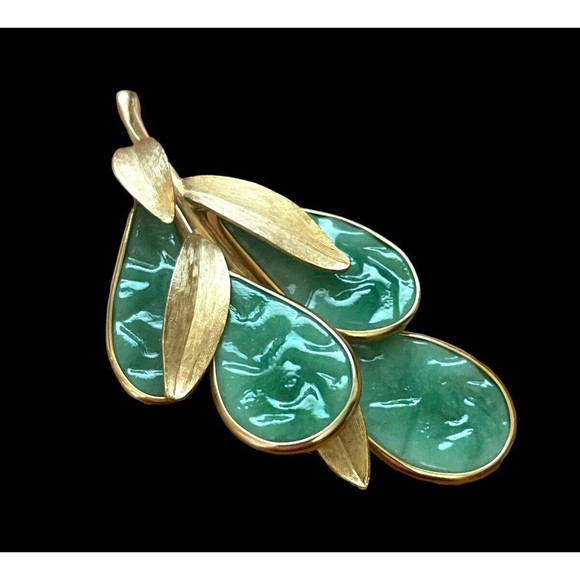 Vintage French Gripoix Brooch Mid Century Estate Poured Glass Leaves Iridescent - Picture 4 of 8